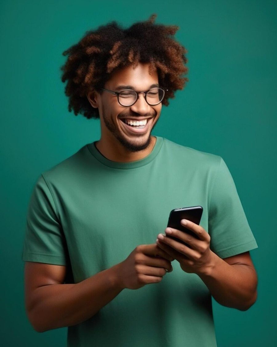 Condômino sorrindo enquanto consulta o portal Vértice Condô no celular
